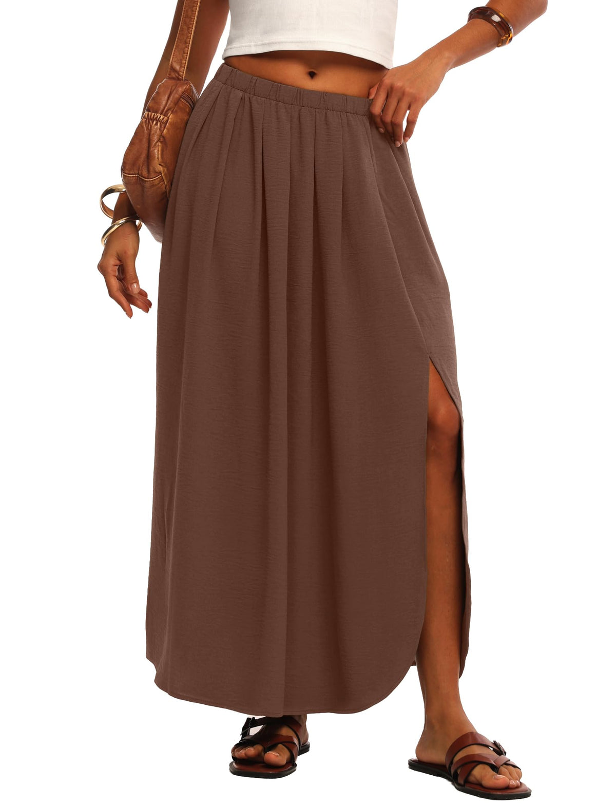 HiMONE Womens Maxi Skirt High Waisted Flowy A Line with Side Slit