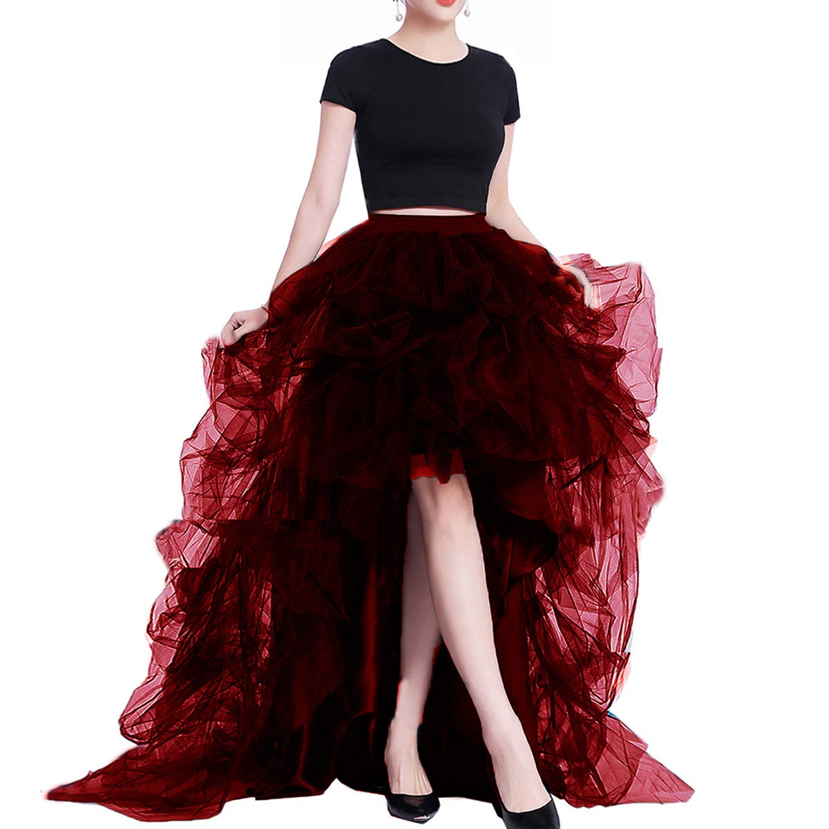 Lisong Women High Waist High Low Layered Tulle Floor Length Spectial Occasion Skirt