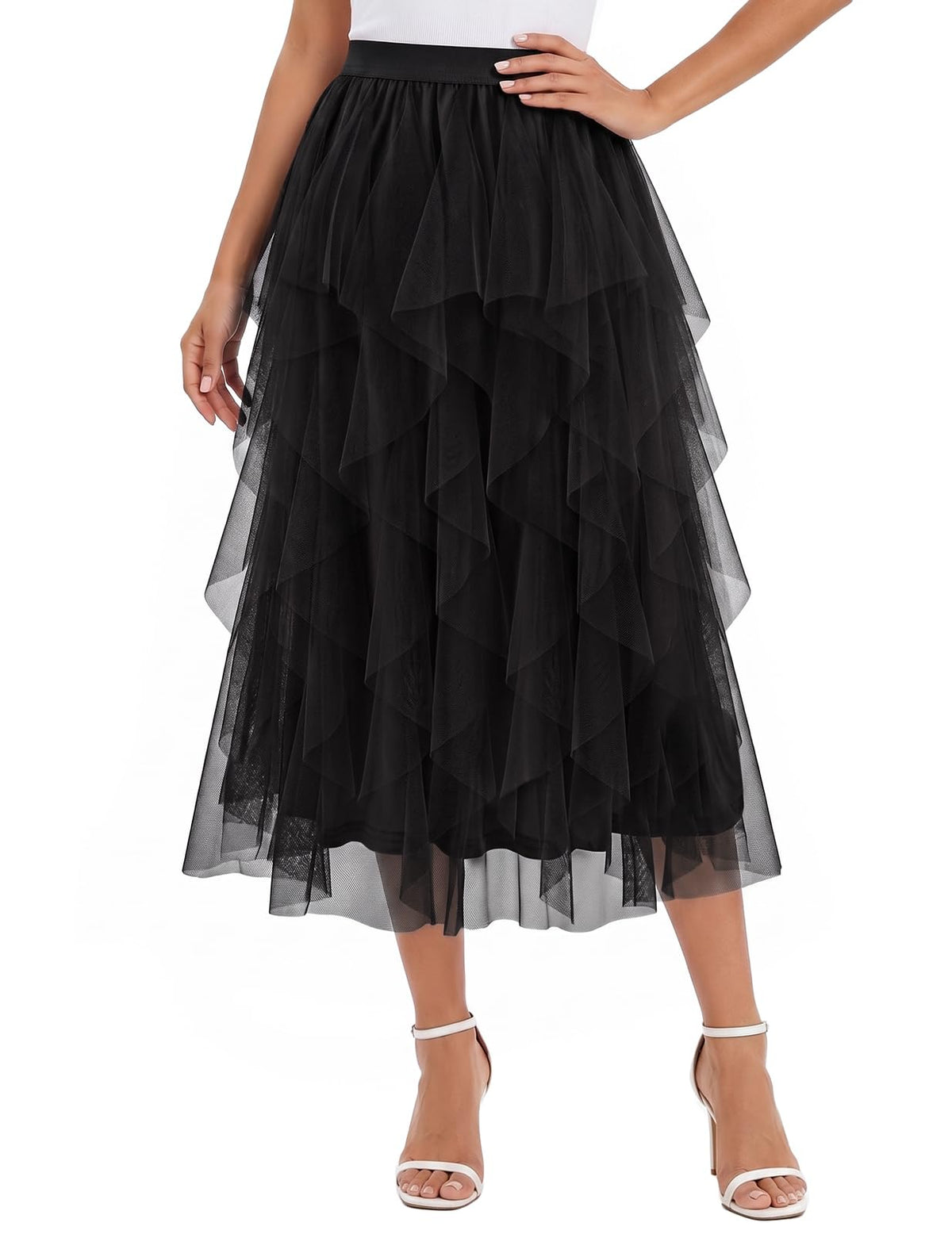 DRESSTELLS Women's Tulle Skirts, Midi Long A-line Elastic High Waist Fairy Tutu Skirt with Layered Ruffle
