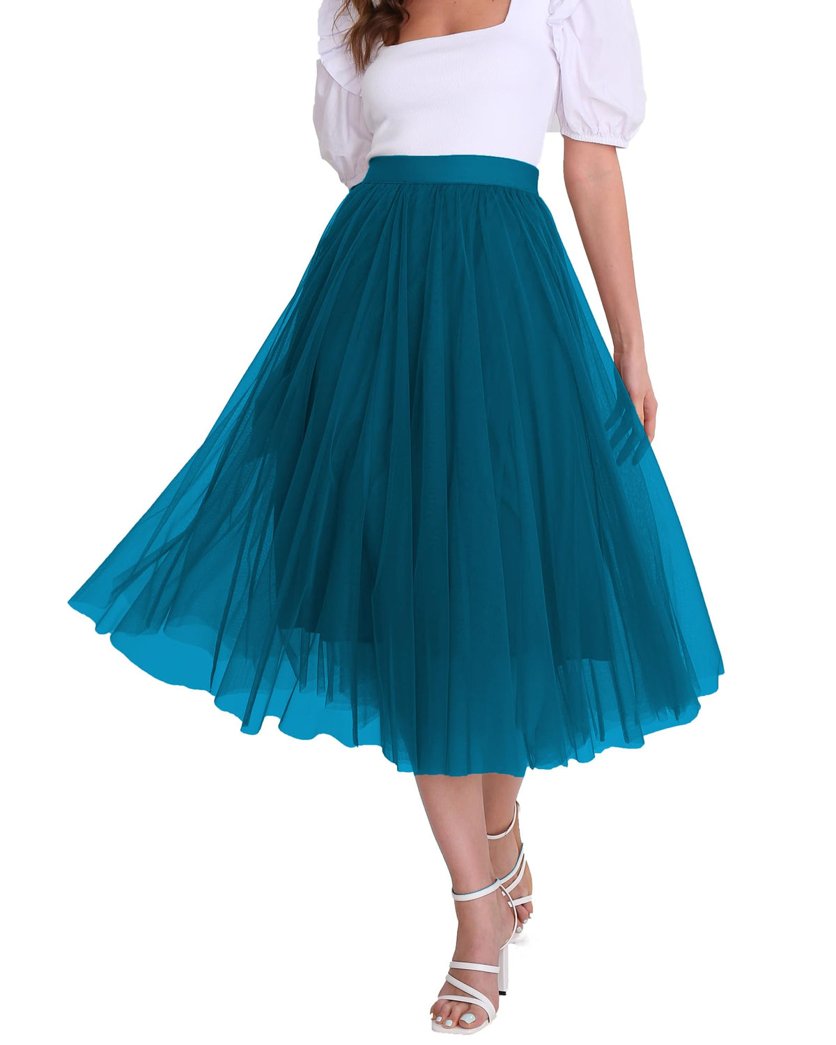 Women’s Tulle Skirts Midi Elastic High Waist Pleated Mesh Flowy A-Line Party Long Tutu Skirts…