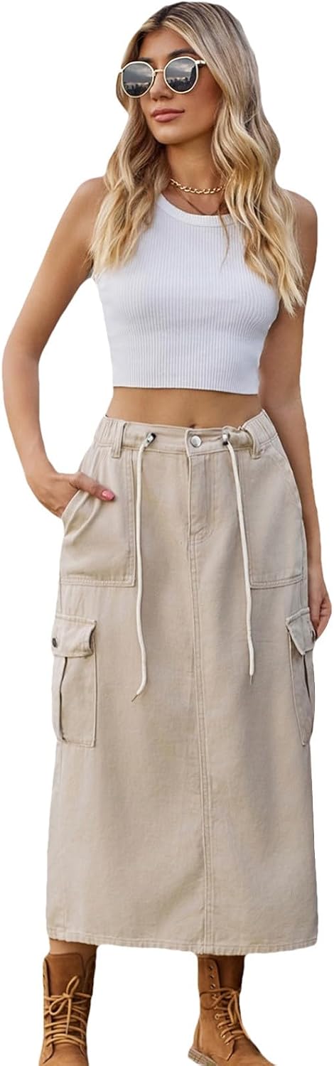Long Denim Skirts for Women High Waist Back Split A-line Cargo Jean Skirt with Multipockets