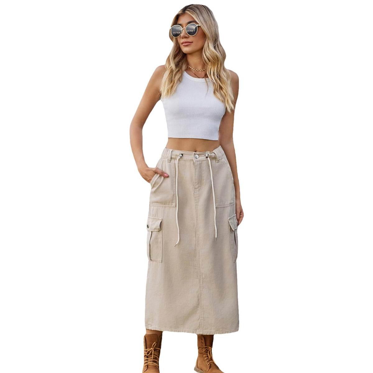 Long Denim Skirts for Women High Waist Back Split A-line Cargo Jean Skirt with Multipockets