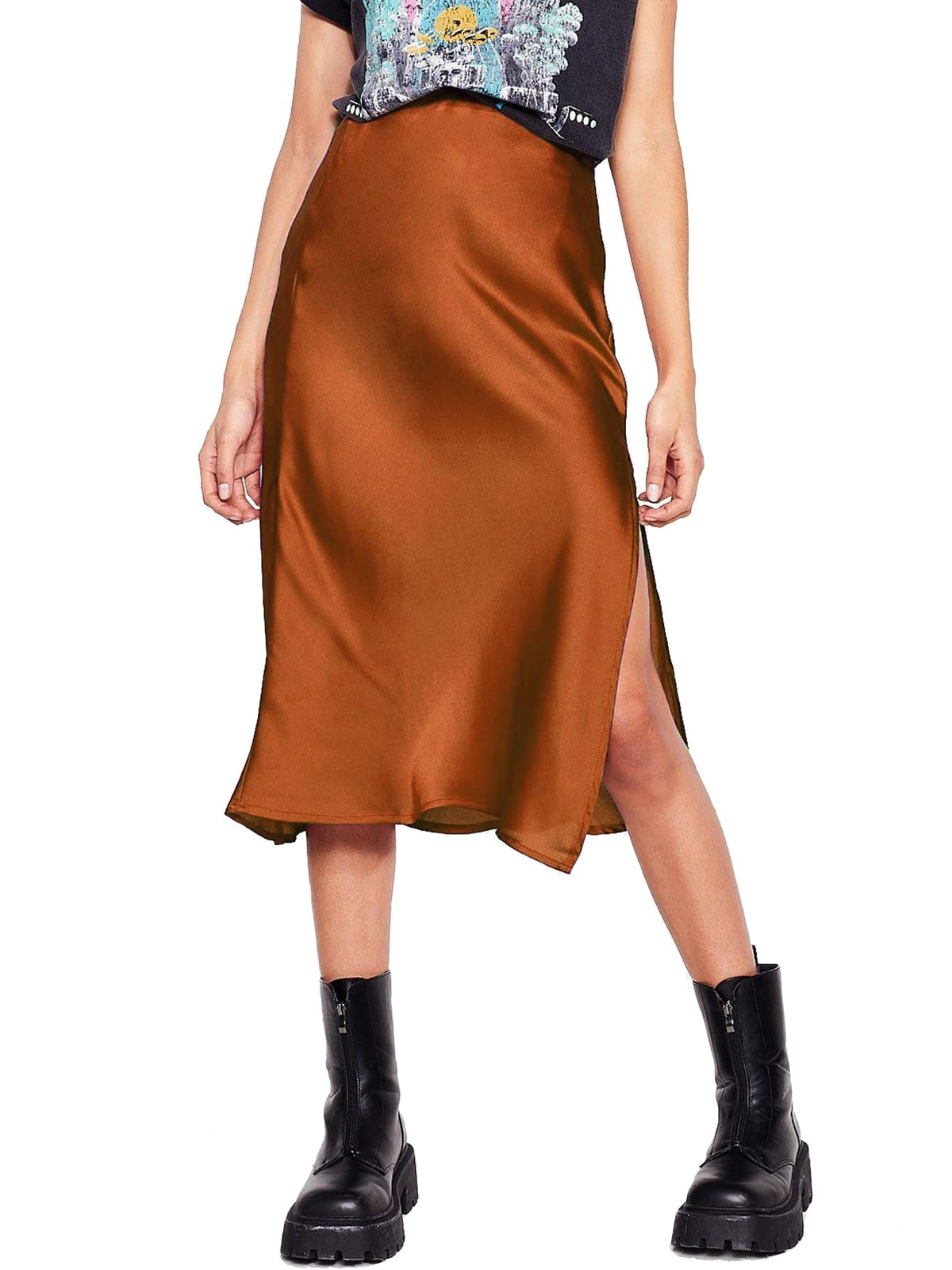 Womens Satin Silk High Waist Slit Midi Skirt Elastic Waistband Midi Skirts for Women