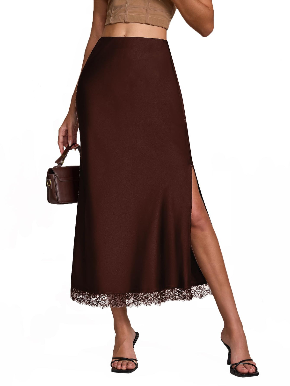 Womens Satin Silk Maxi Slit Skirt Elastic Waistband Leopard Print Maxi Long Satin Slit Skirts for Women