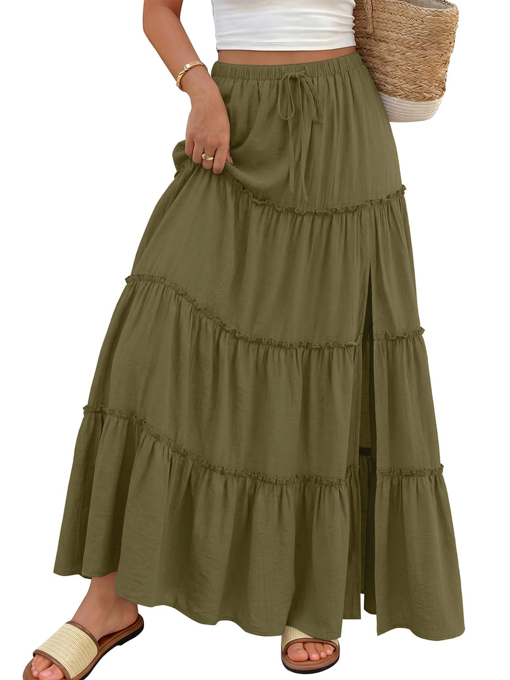 Trendy Queen Long Skirts for Women Slit Maxi Boho Skirt Summer Vacation Outfits A-Line Dress with Pockets Fashion