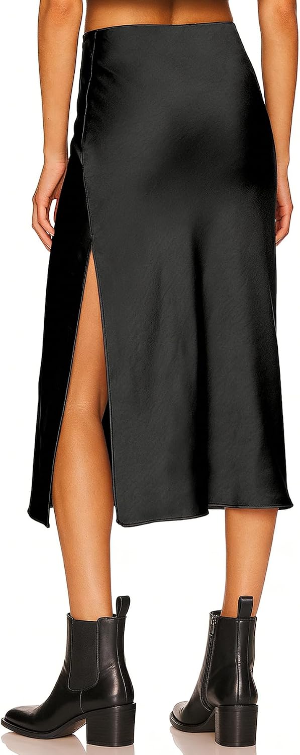 Womens Satin Silk High Waist Slit Midi Skirt Elastic Waistband Midi Skirts for Women