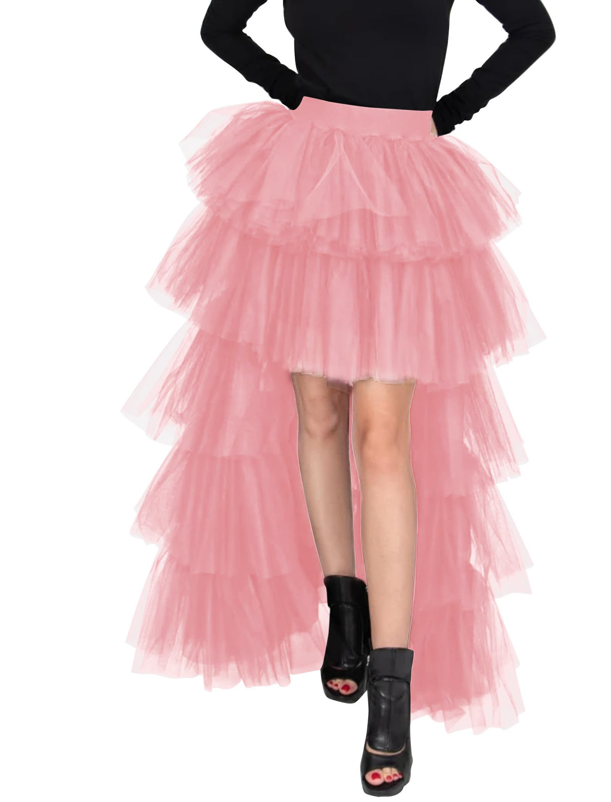 Women's High Low Tutu Skirts Sweet Elastic Waist Tulle Layered Ruffles Mesh Long Tiered Skirt