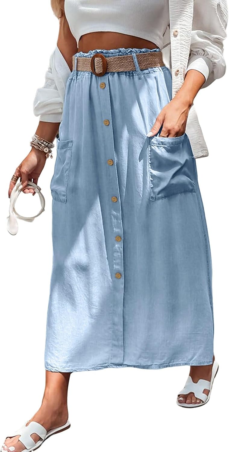 loveimgs Women Summer Elastic Waist Flowy Tencel Denim Maxi Skirt A Line Button Ruffle Cargo Long Jean Skirt Boho Lightweight