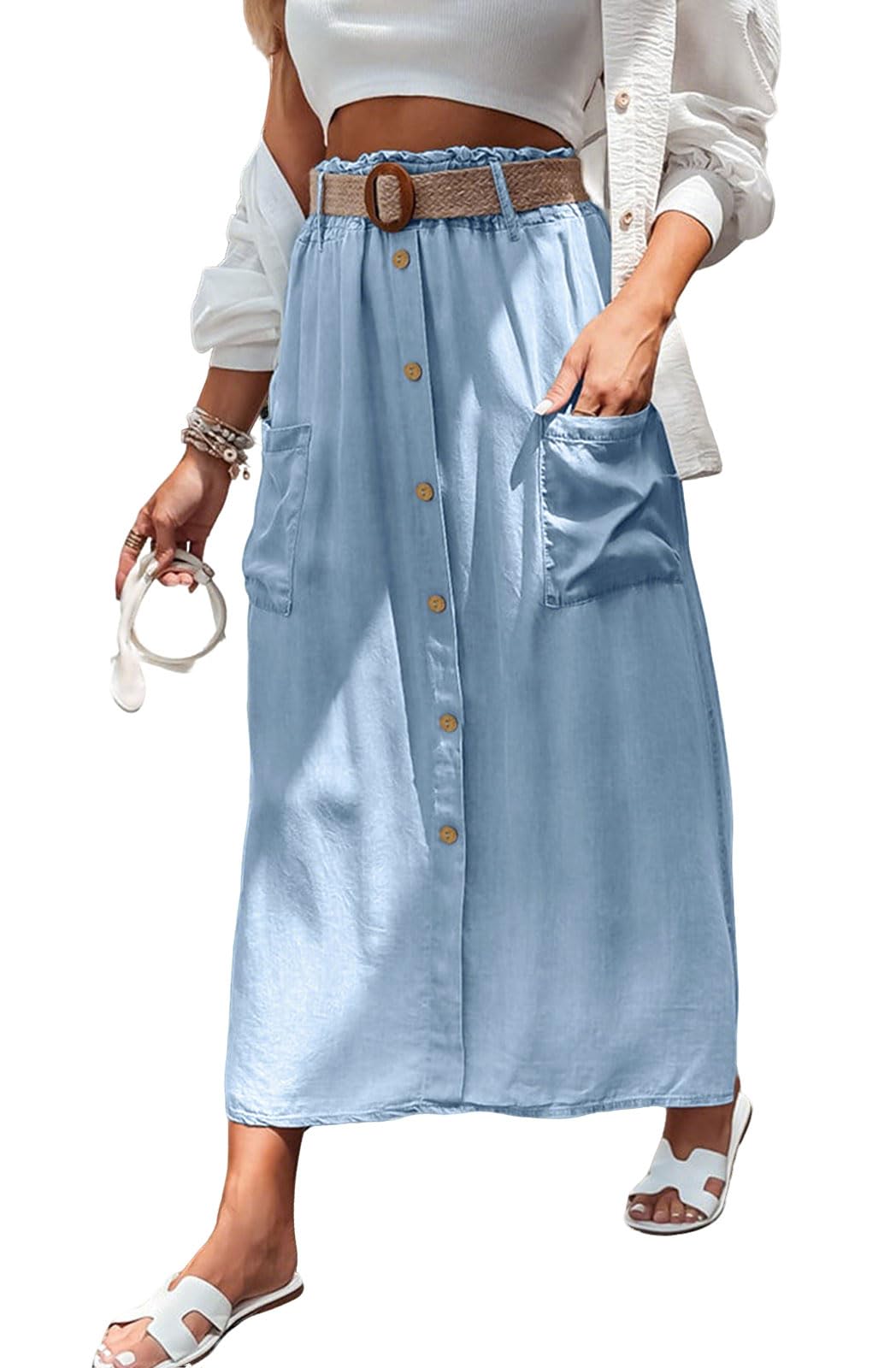 loveimgs Women Summer Elastic Waist Flowy Tencel Denim Maxi Skirt A Line Button Ruffle Cargo Long Jean Skirt Boho Lightweight