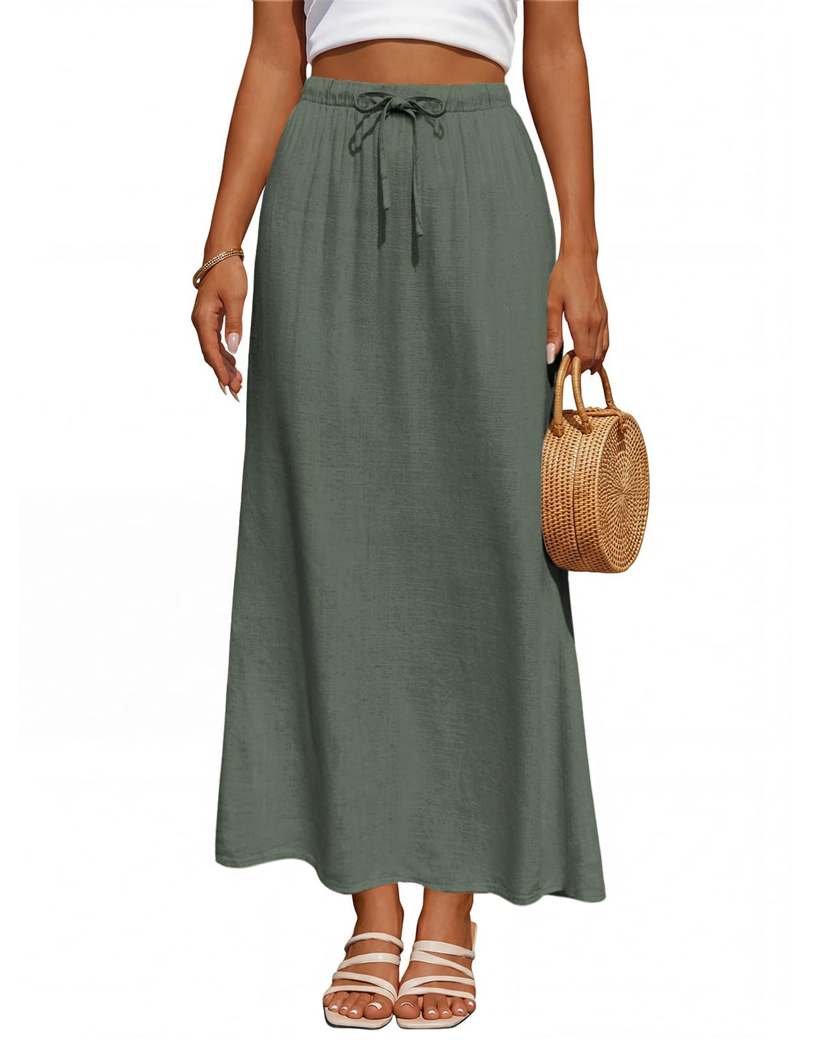 Women's Linen Maxi Skirt Back Slit High Waisted White Long Skirts