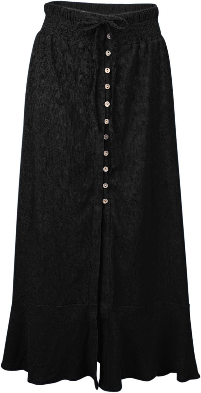 Minclouse Women's Elastic Tie Waist Button Down Maxi Skirts Casual Loose Flowy Swing Slit Front Dress