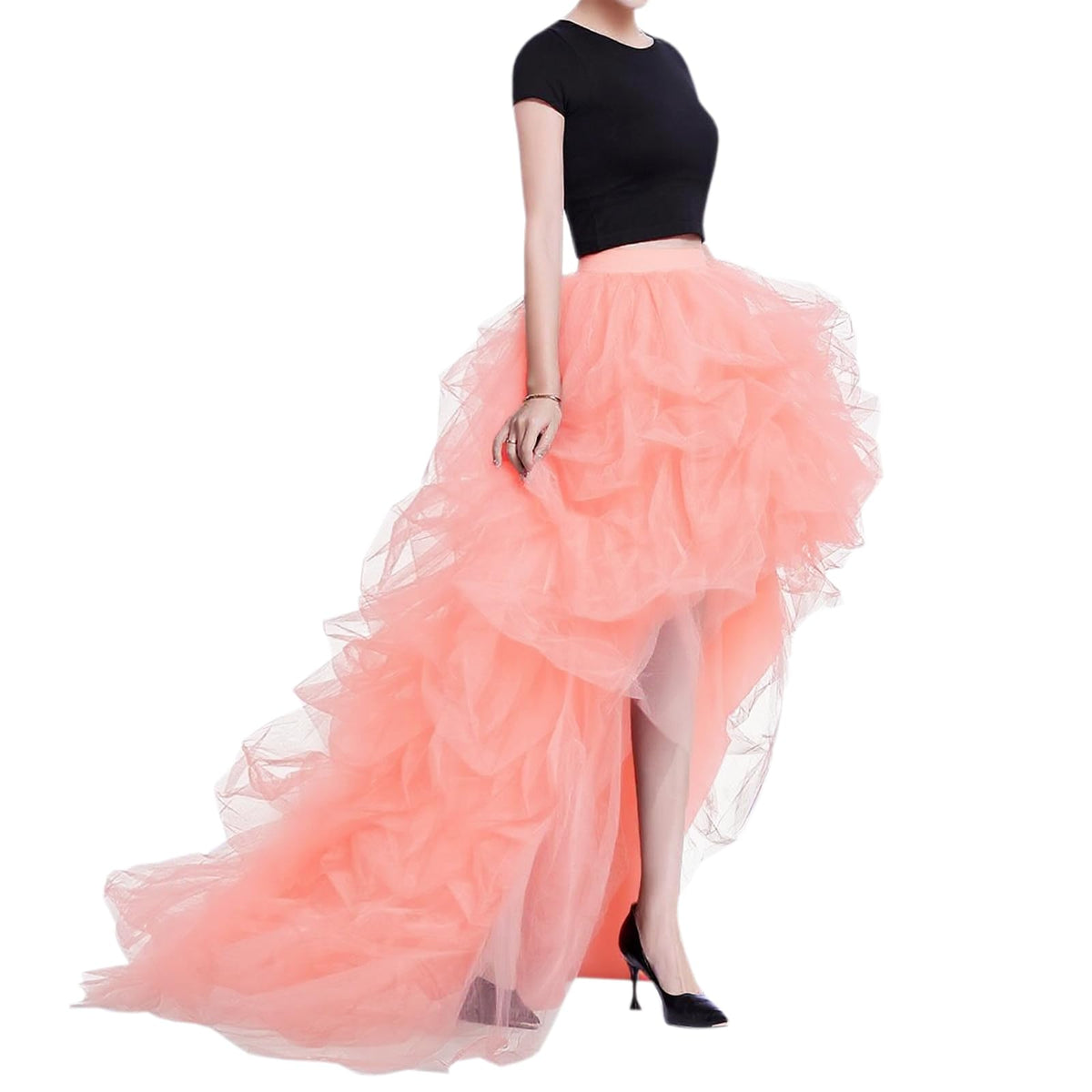WDPL Women’s High Low Ruffled Tulle Skirt, Long Back Hem for Party Evening