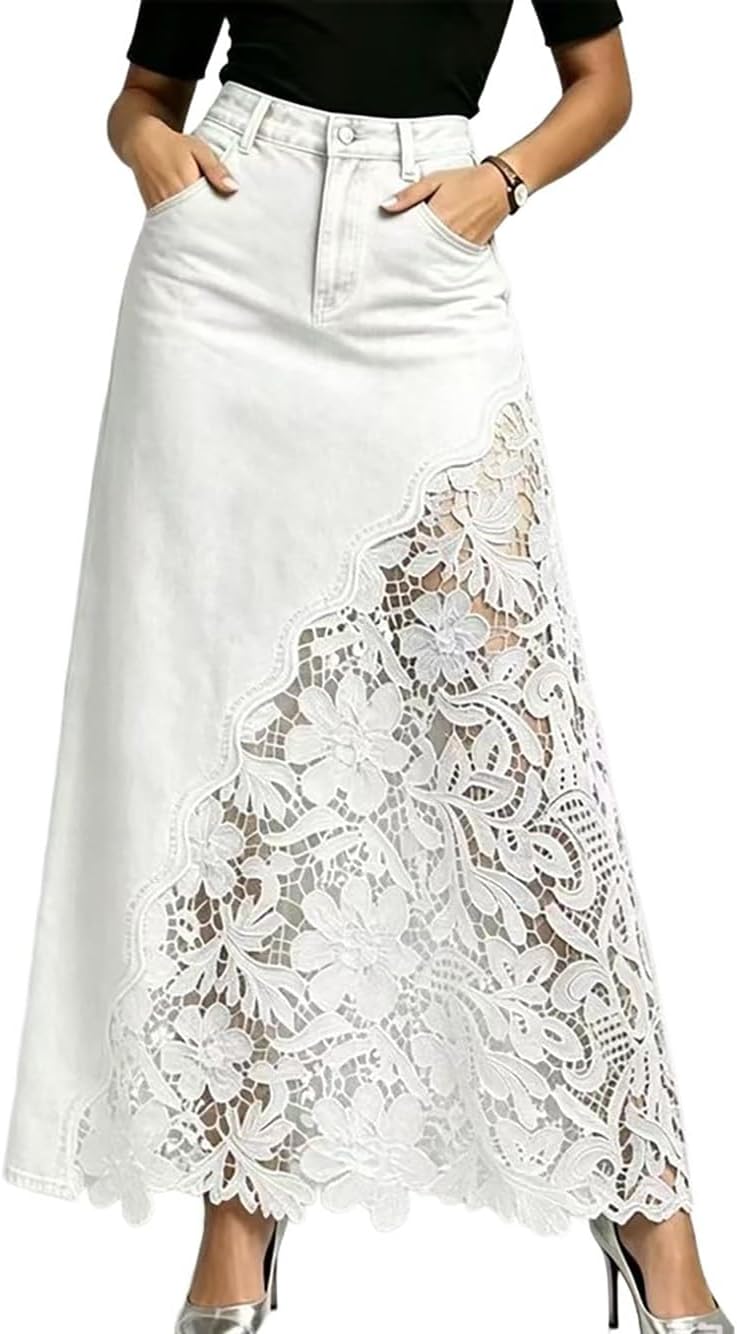 Womens Long Jean Skirt A Line Lace Floral Sheer Denim Maxi Skirt