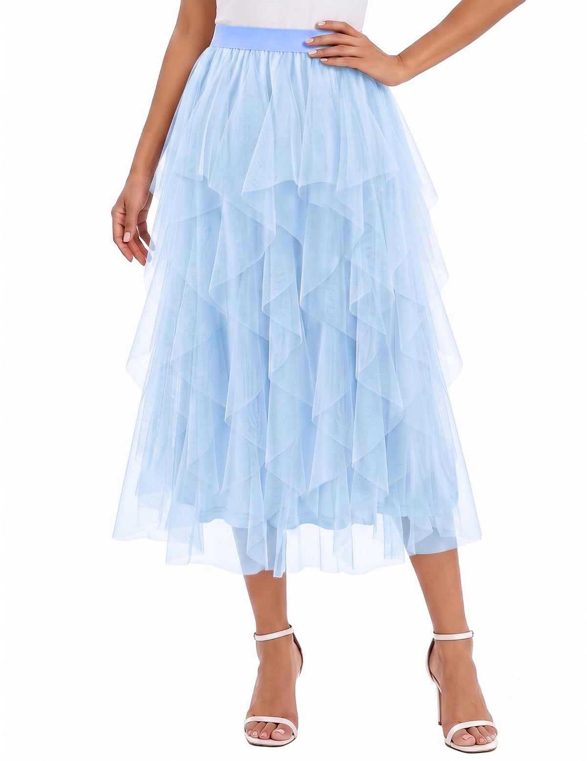 DRESSTELLS Women's Tulle Skirts, Midi Long A-line Elastic High Waist Fairy Tutu Skirt with Layered Ruffle
