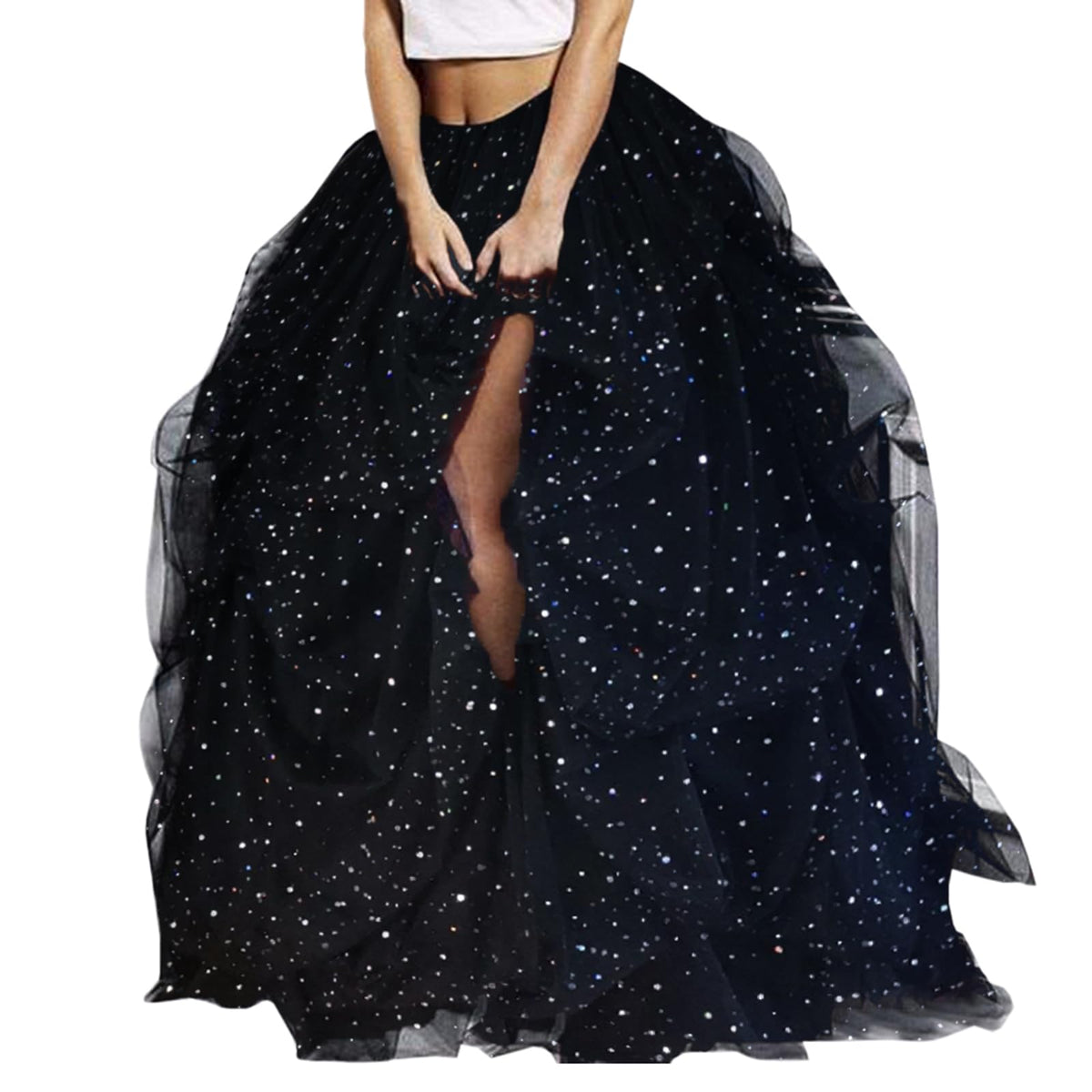 WDPL Women's Long Maxi Slit Tulle Special Occasion Bustle Night Out Skirt