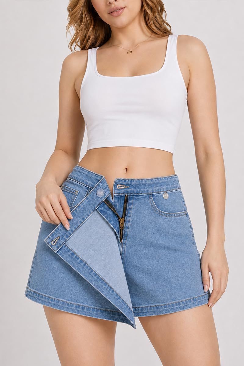 Women's High Waisted Denim Skort with Built-in Shorts, Wrap Front & Pockets