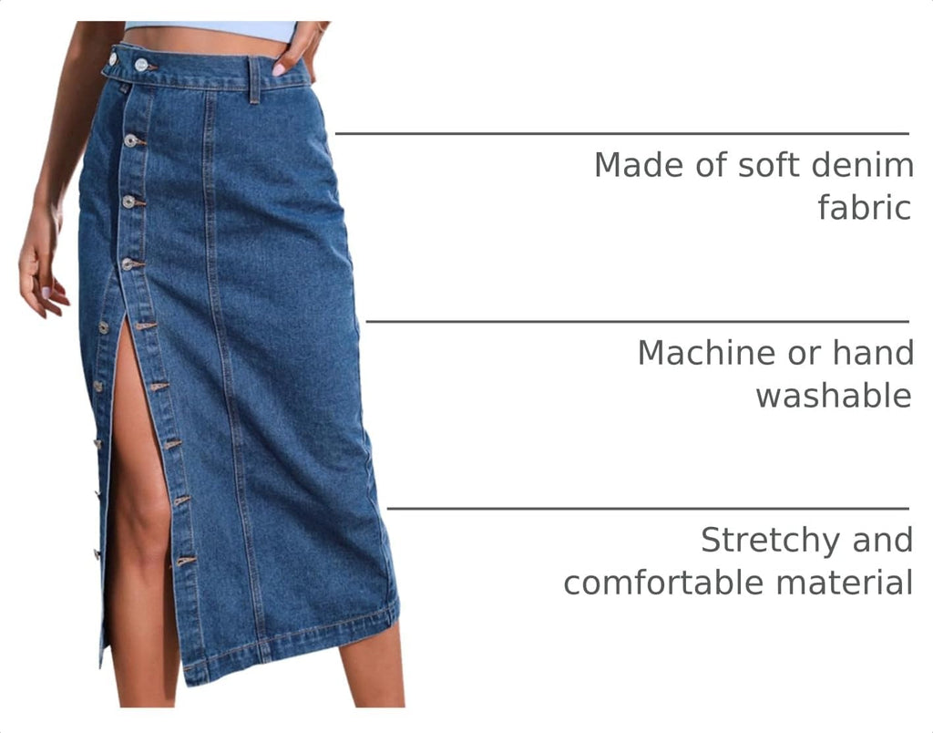 CaniBtr Women's Casual Slit Denim Midi Jean Skirt Stretch with Pockets