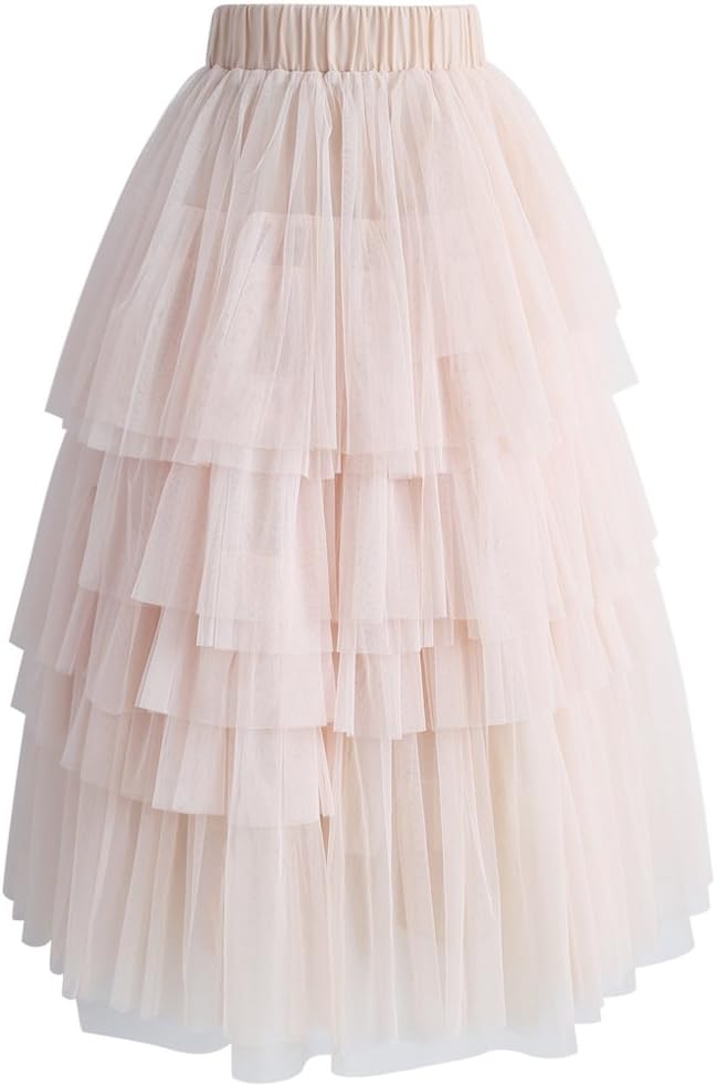 CHICWISH Women's Nude Pink/Black Tiered Layered Mesh Ballet Prom Party Tulle Tutu A-line Midi Skirt