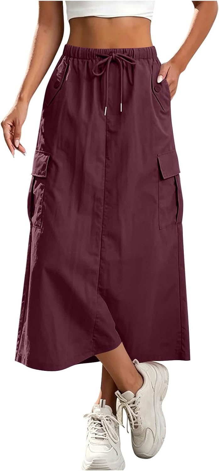Women's Cargo Skirts Elastic Waist Drawstring Utility Midi Skirt with Multi-Pockets Casual Trendy Streetwear Skirts
