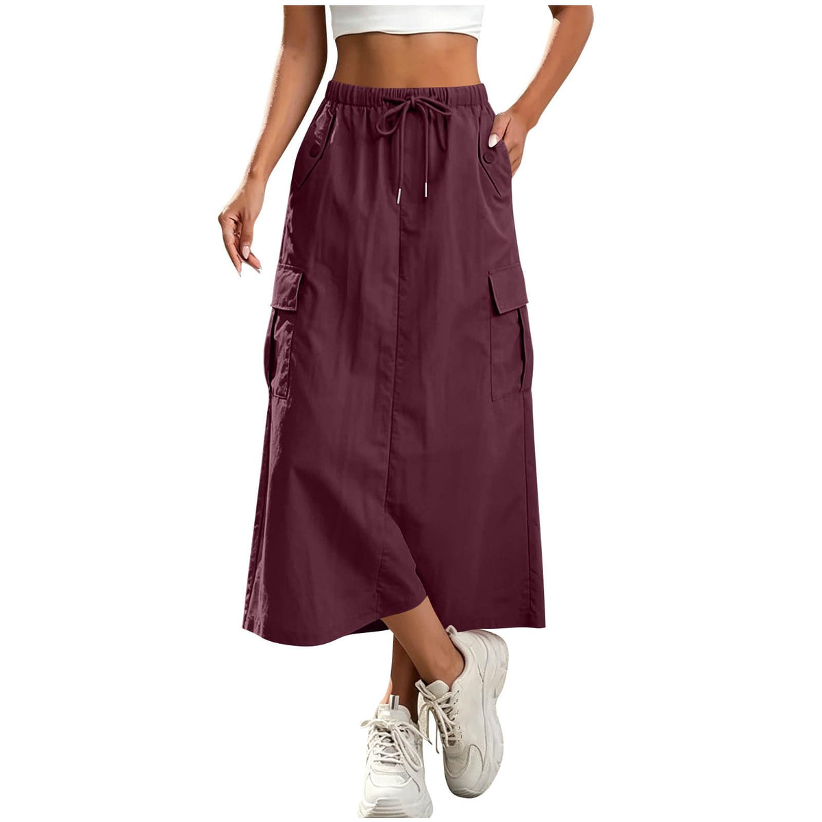 Womens Cargo Skirt High Waisted Drawstring Quick Dry Maxi Skirt Trendy Back Slit A Line Long Skirts Summer Skirts