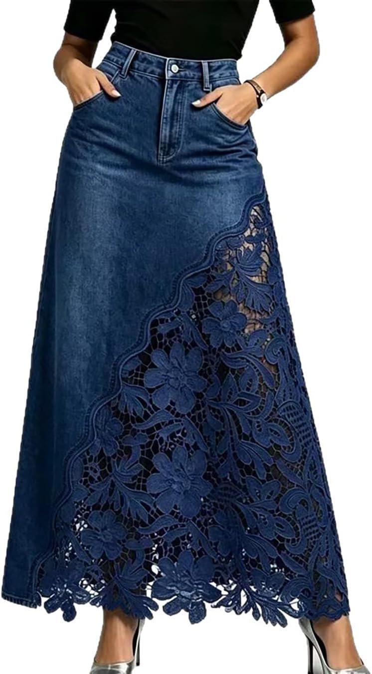 Womens Long Jean Skirt A Line Lace Floral Sheer Denim Maxi Skirt