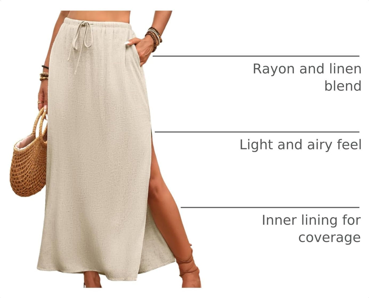 ELLEVEN Linen Straight Maxi Skirt with Side Slit-Long Flowy Skirt & Pocket