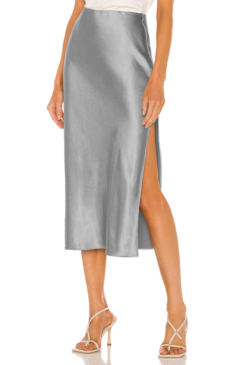 Womens Satin Silk High Waist Slit Midi Skirt Elastic Waistband Midi Skirts for Women