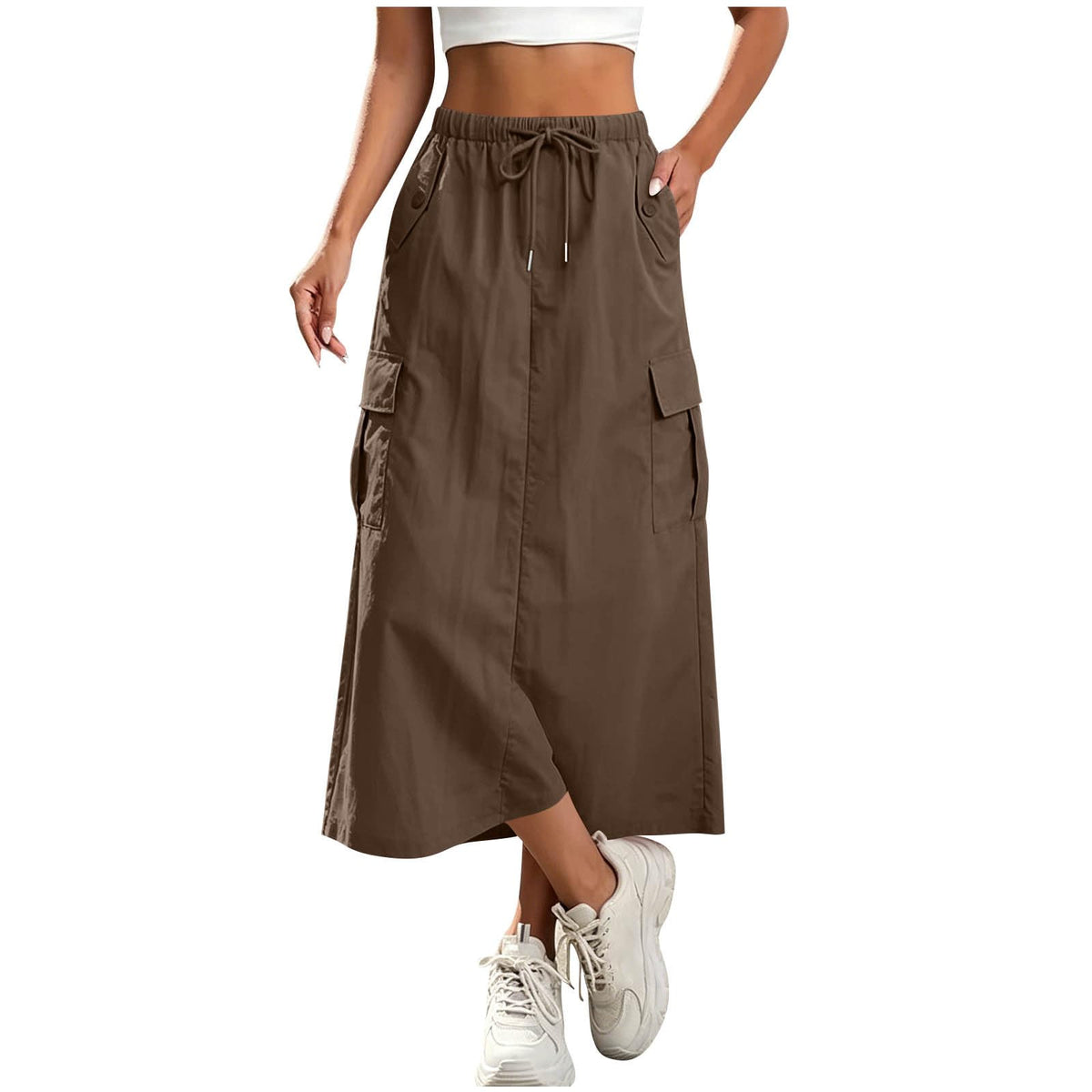 Womens Cargo Skirt High Waisted Drawstring Quick Dry Maxi Skirt Trendy Back Slit A Line Long Skirts Summer Skirts