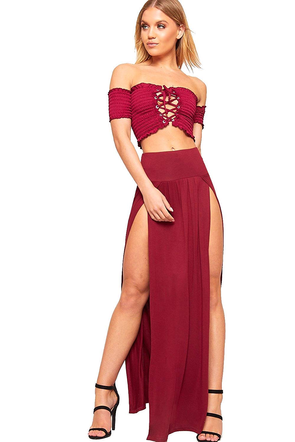OgLuxe Womens Double Split Maxi Long Skirt Ladies Plain Basic Two Side Slit 4-22