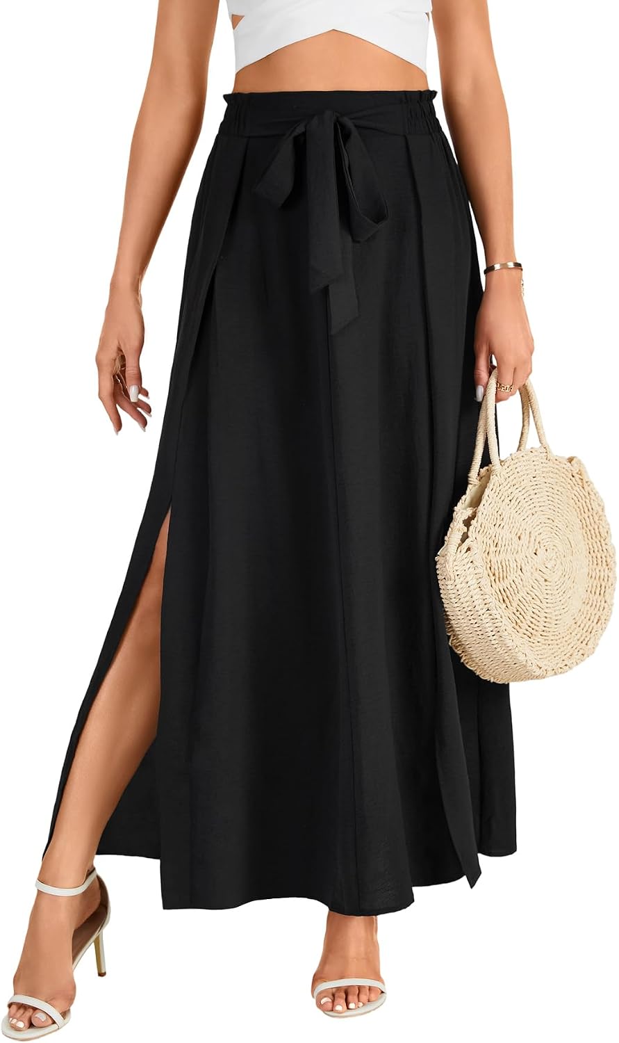 LYANER Women's Tie Front Pleated A Line Skirt High Waist Flowy Boho Maxi Dress with Slit Dressy Outfit