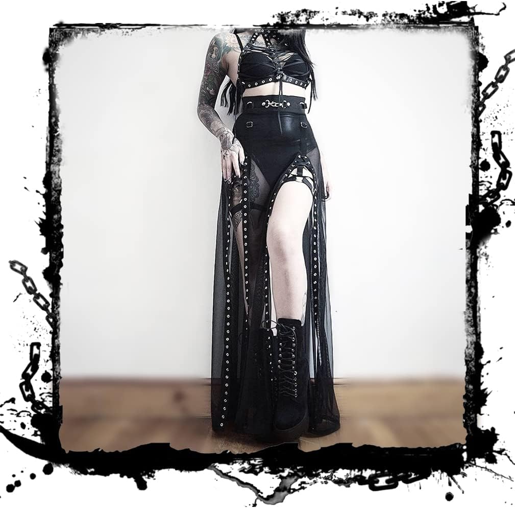Goth Double Slit Maxi Skirt for Women Punk Black See Through Sheer Mesh Long Split Skirts