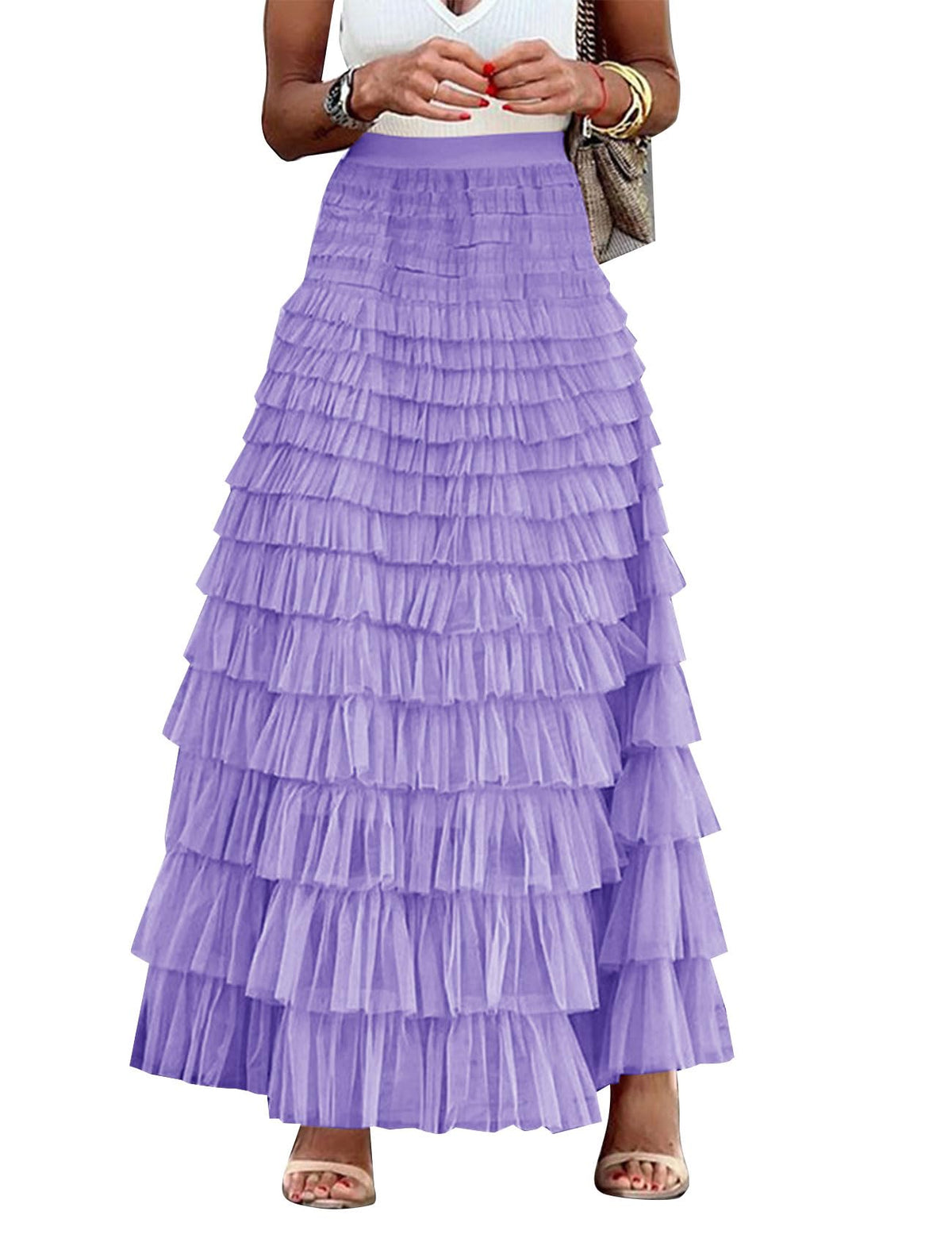 Flygo Women Long Maxi Tiered Tulle Skirts A Line Ruffle Layered Fairy Skirt