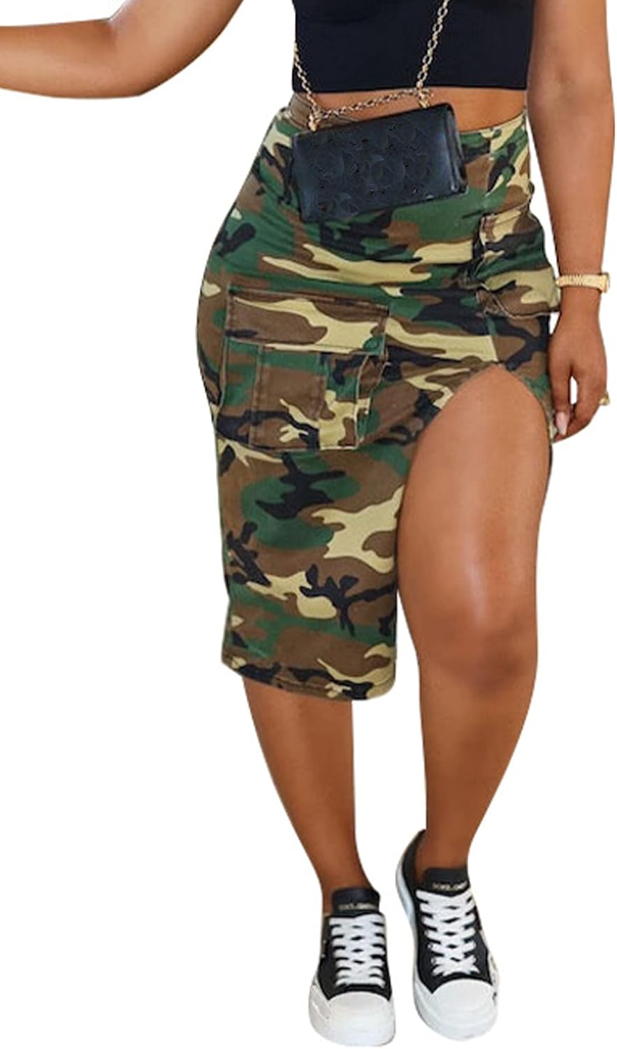 Vakkest Women's Camo Cargo Skirt High Waist Slit Front Long Bodycon Skirts