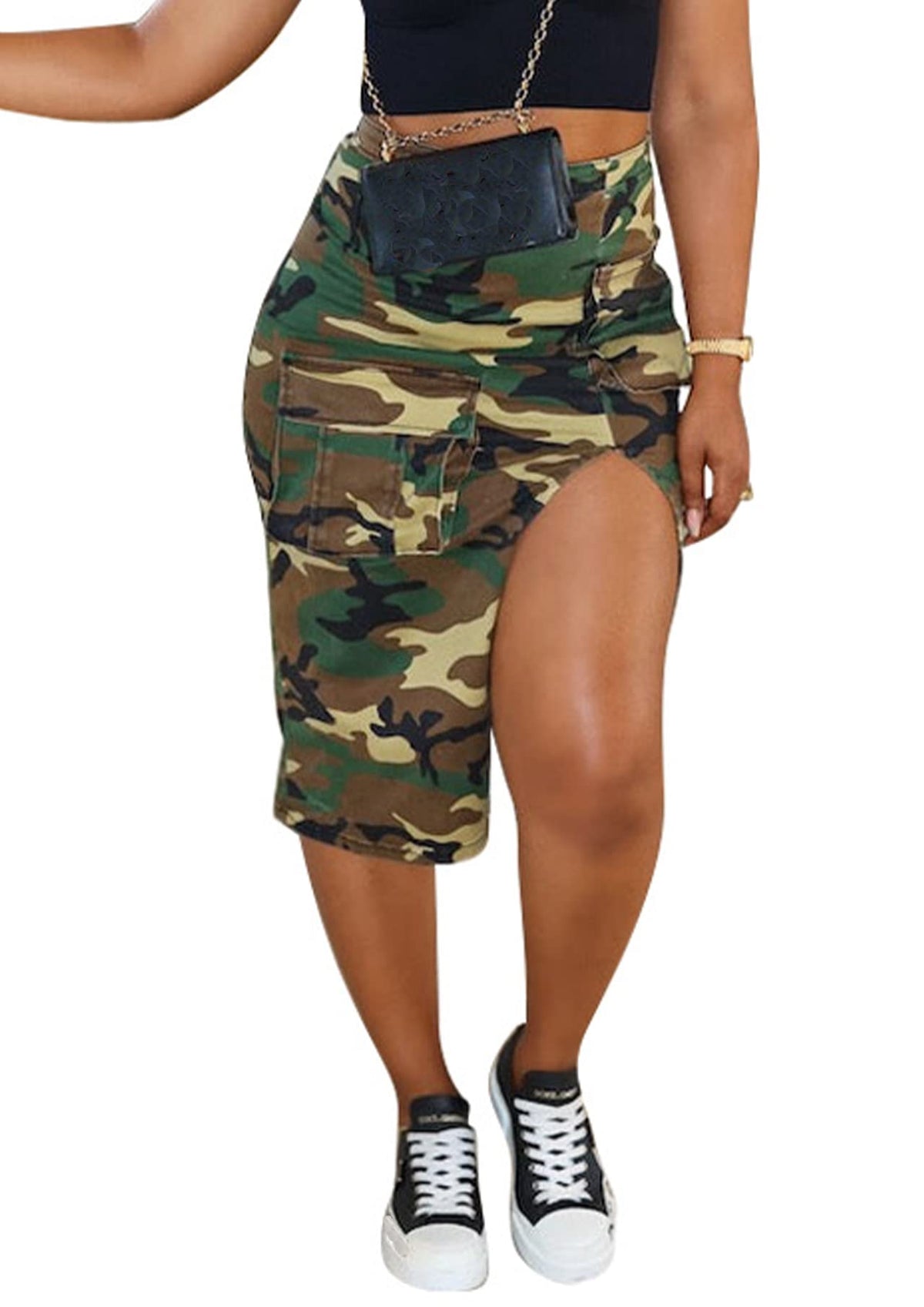 Vakkest Women's Camo Cargo Skirt High Waist Slit Front Long Bodycon Skirts