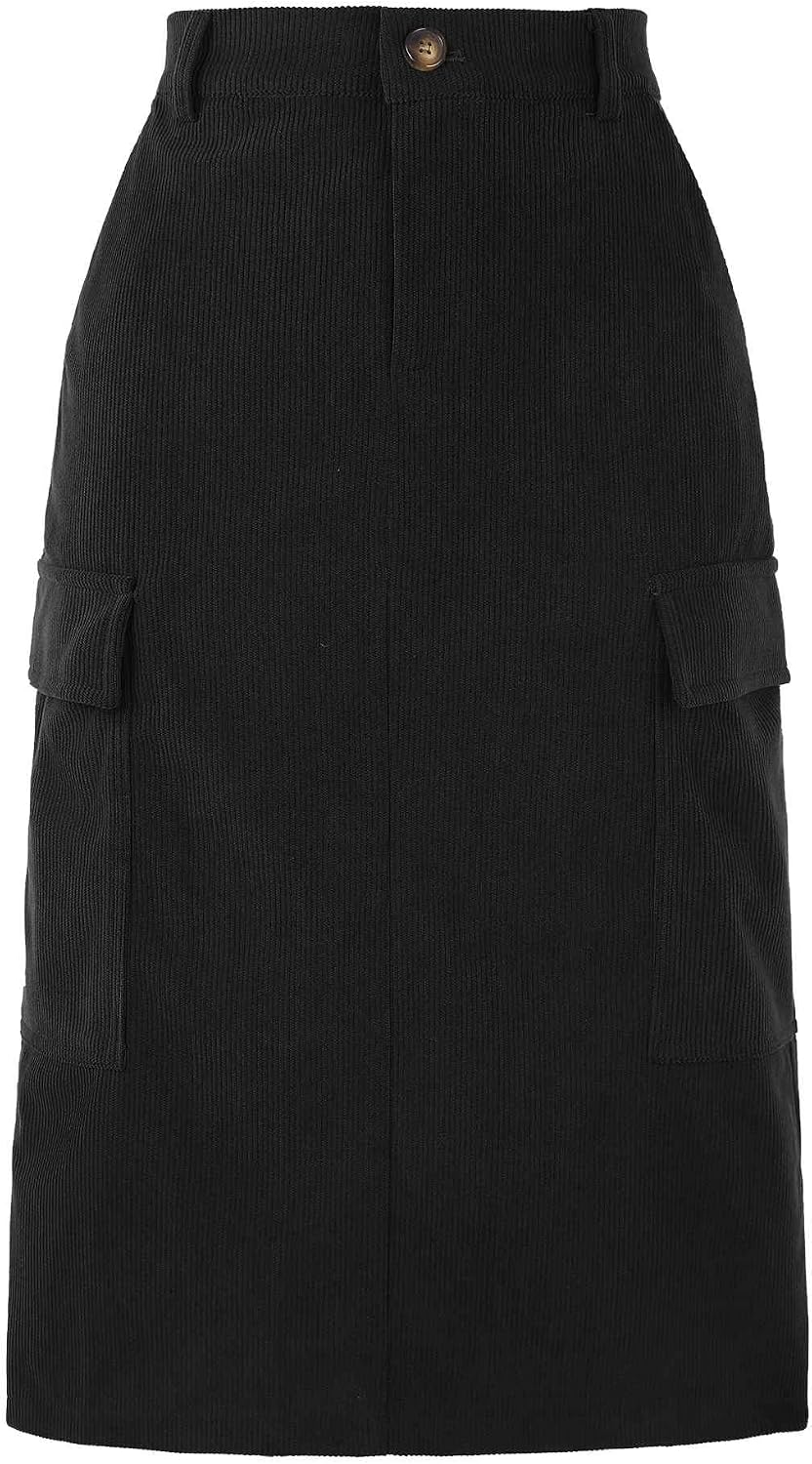 Allegra K Corduroy Cargo Skirts for Women's High Waisted Elastic Back H Line 2025 Fall Midi Skirt