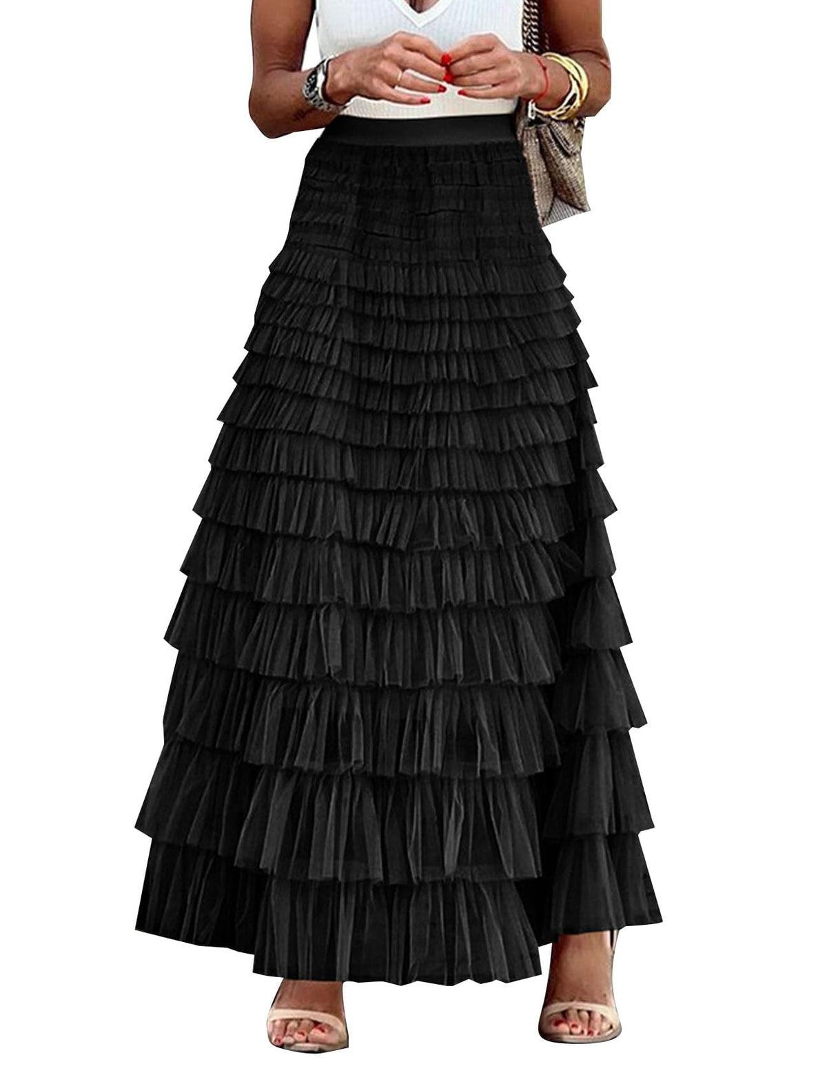 Flygo Women Long Maxi Tiered Tulle Skirts A Line Ruffle Layered Fairy Skirt