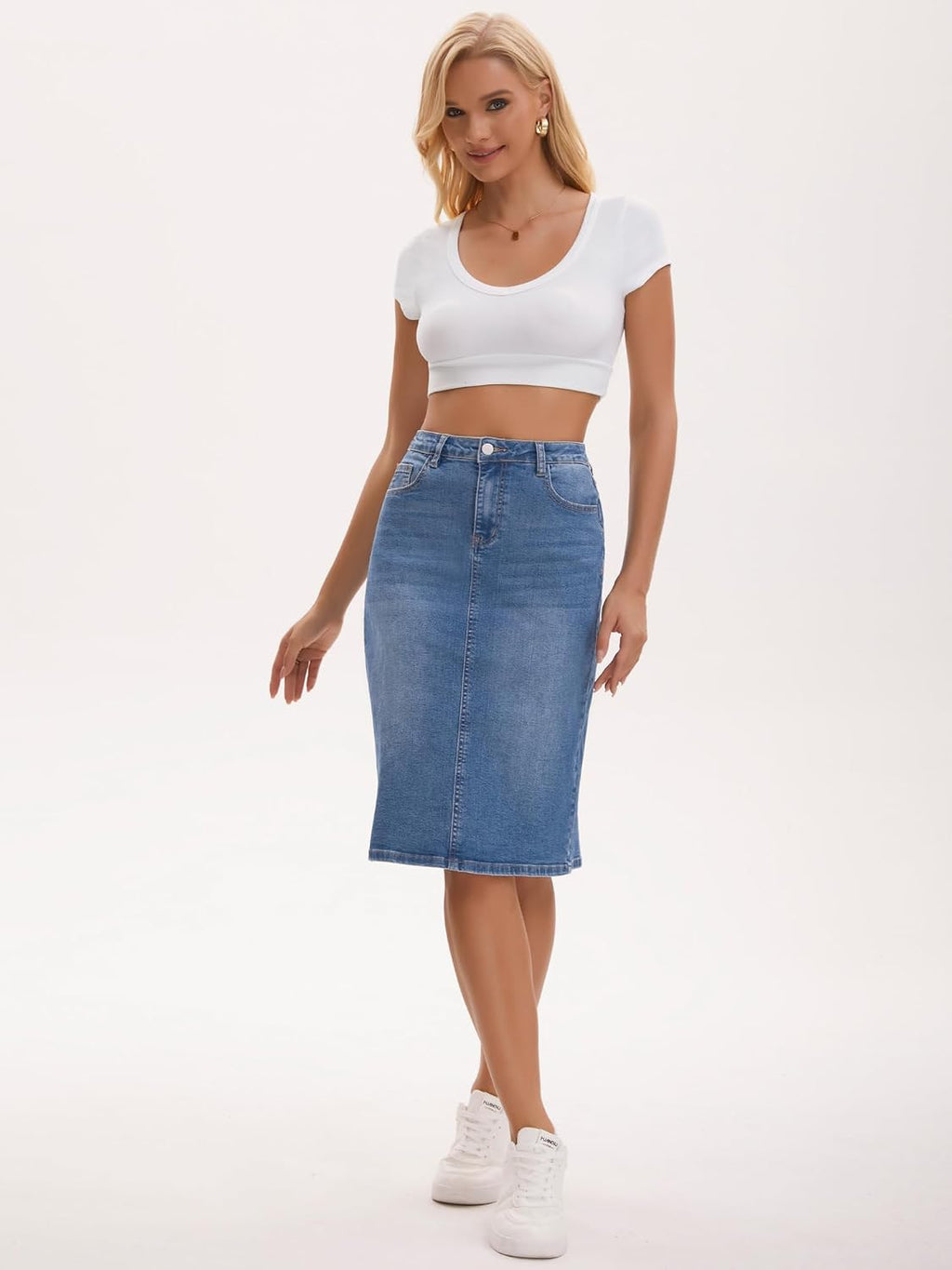 Women's Jean Skirt Back Slit Stretch Below Knee Length Denim Skirts