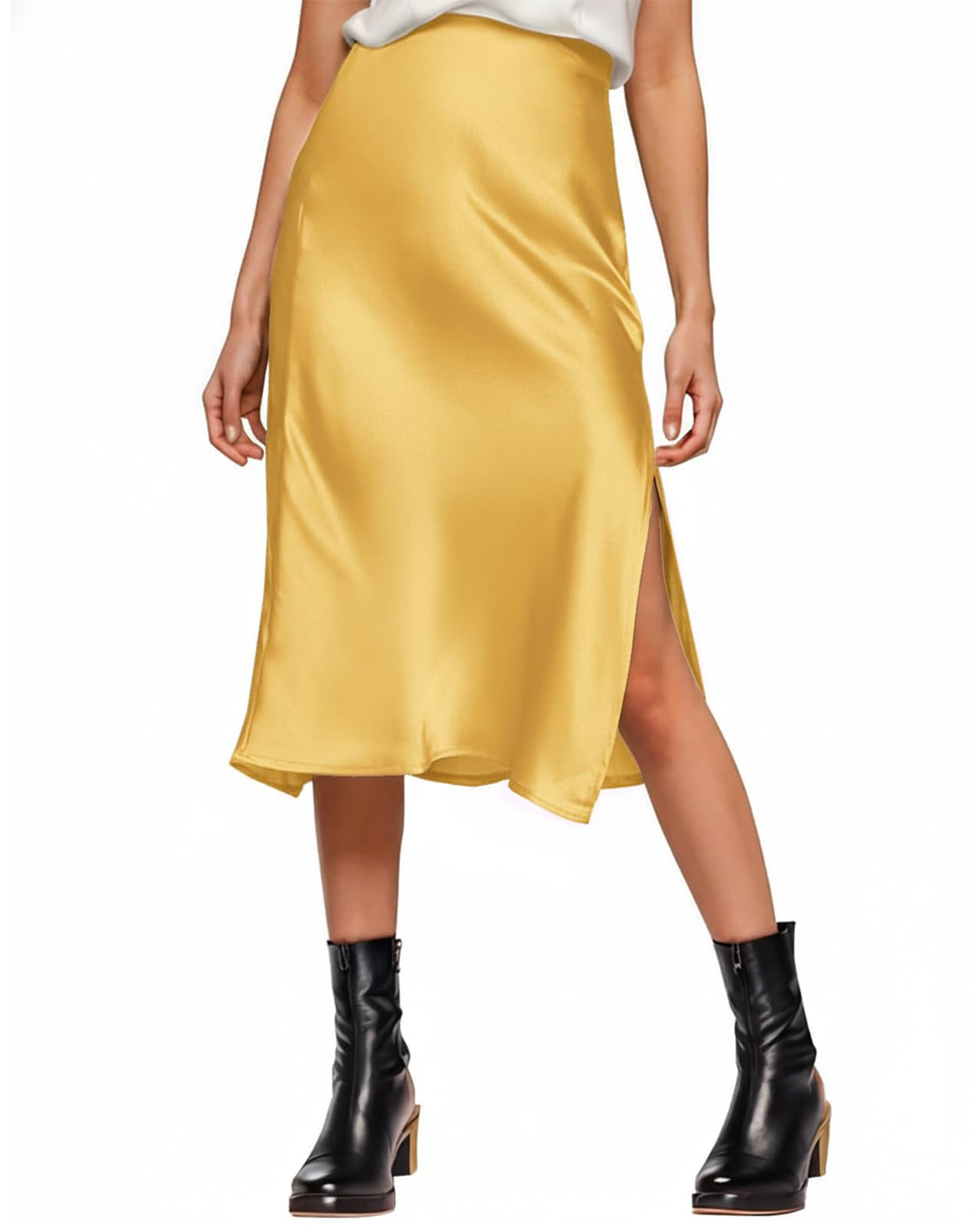 Amy Babe Womens Satin Silk High Waist Slit Midi Skirt Long Skirts for Women