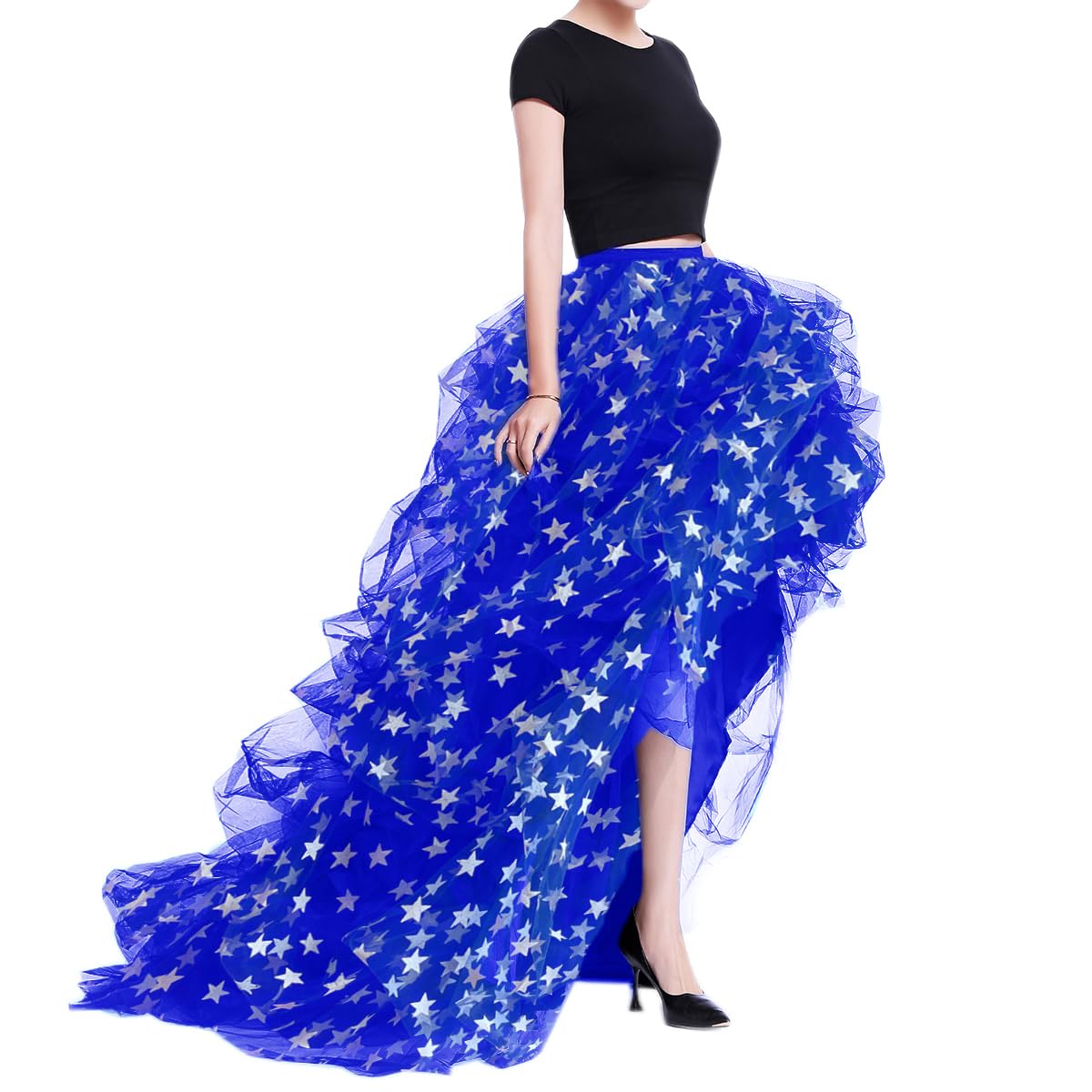 WDPL Women’s High Low Ruffled Tulle Skirt, Long Back Hem for Party Evening