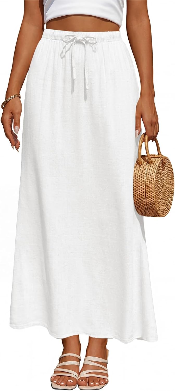 Women's Linen Maxi Skirt Back Slit High Waisted White Long Skirts