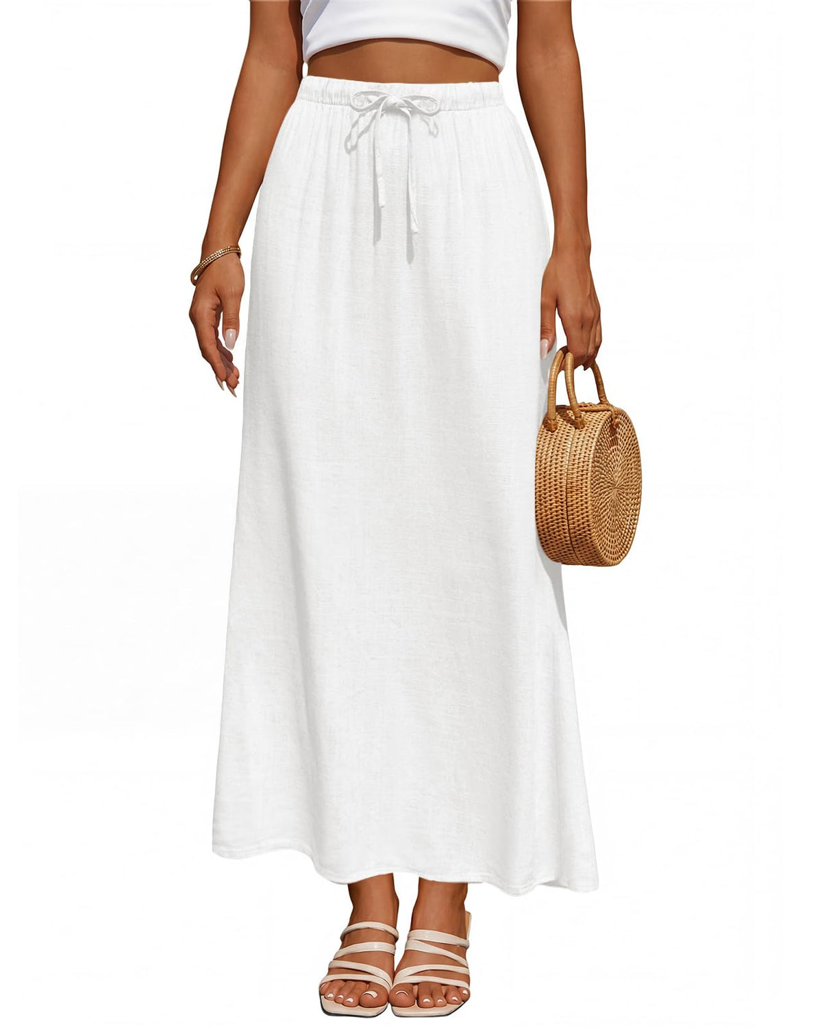 Women's Linen Maxi Skirt Back Slit High Waisted White Long Skirts