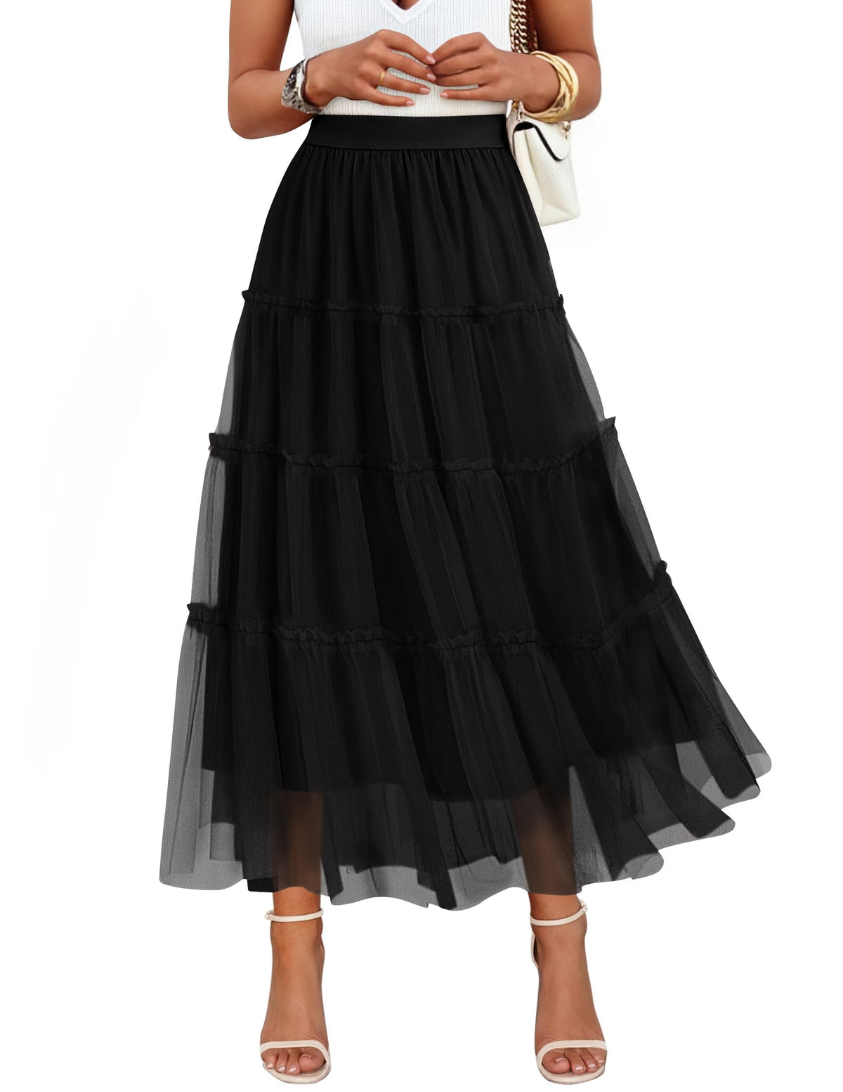 ZESICA Women's Tulle A-Line Flowy Ruffle Tiered Fall Trendy Maxi Skirts