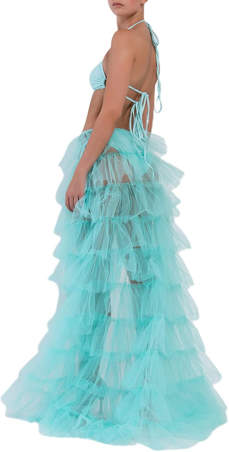 Women Y2k High Low Tulle Skirt Self-Tied Mesh Ruffle Layered See-Through Floor-Length Cocktail Prom Party Skirt