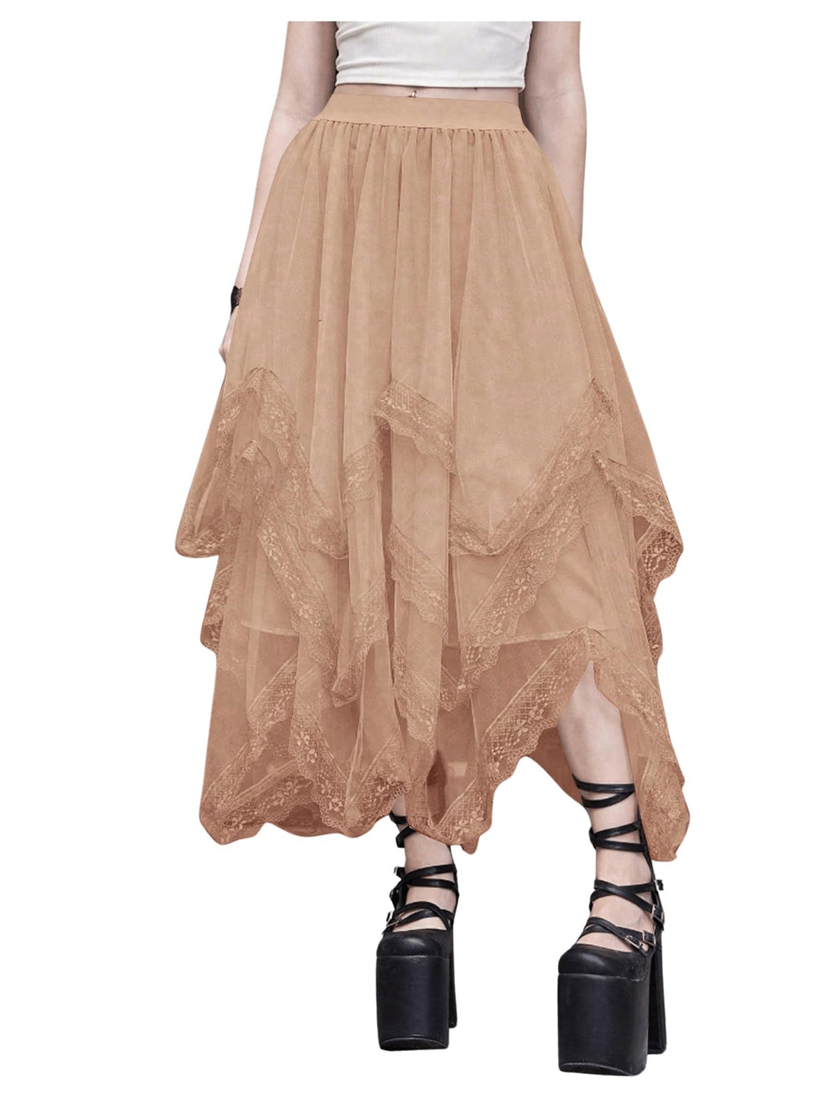 SHENHE Women's Lace Trim Layered Mesh Tulle Skirt Asymmetrical Goth Skirt