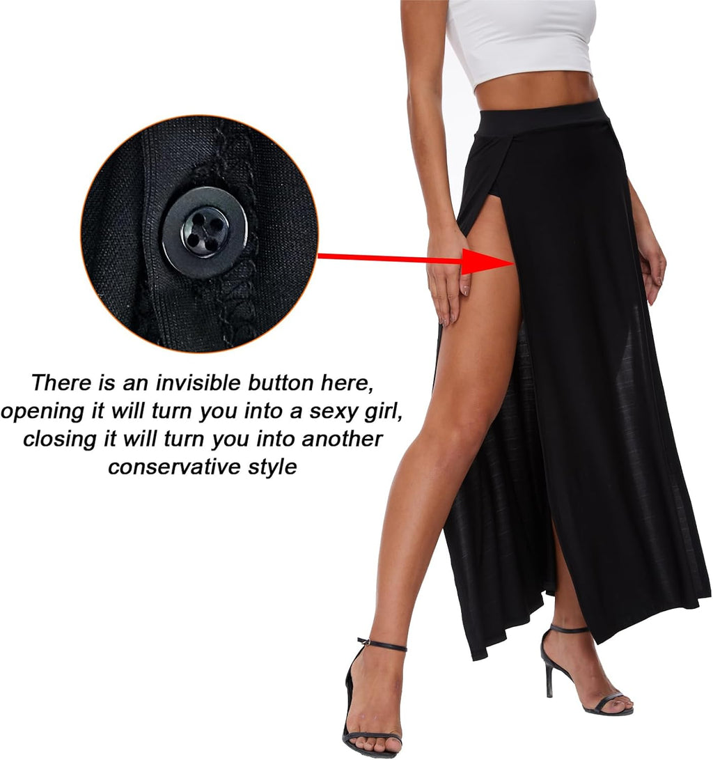 Women's Elastic Waist High Split Wrap Flowy Long Maxi Skirt Plain Side Slit Beach Party Maxi Skirts Renaissance Costume