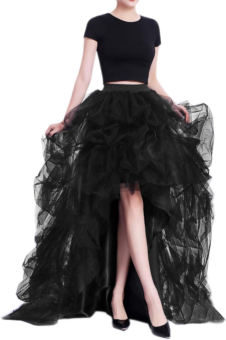 WDPL Women’s High Low Ruffled Tulle Skirt, Long Back Hem for Party Evening
