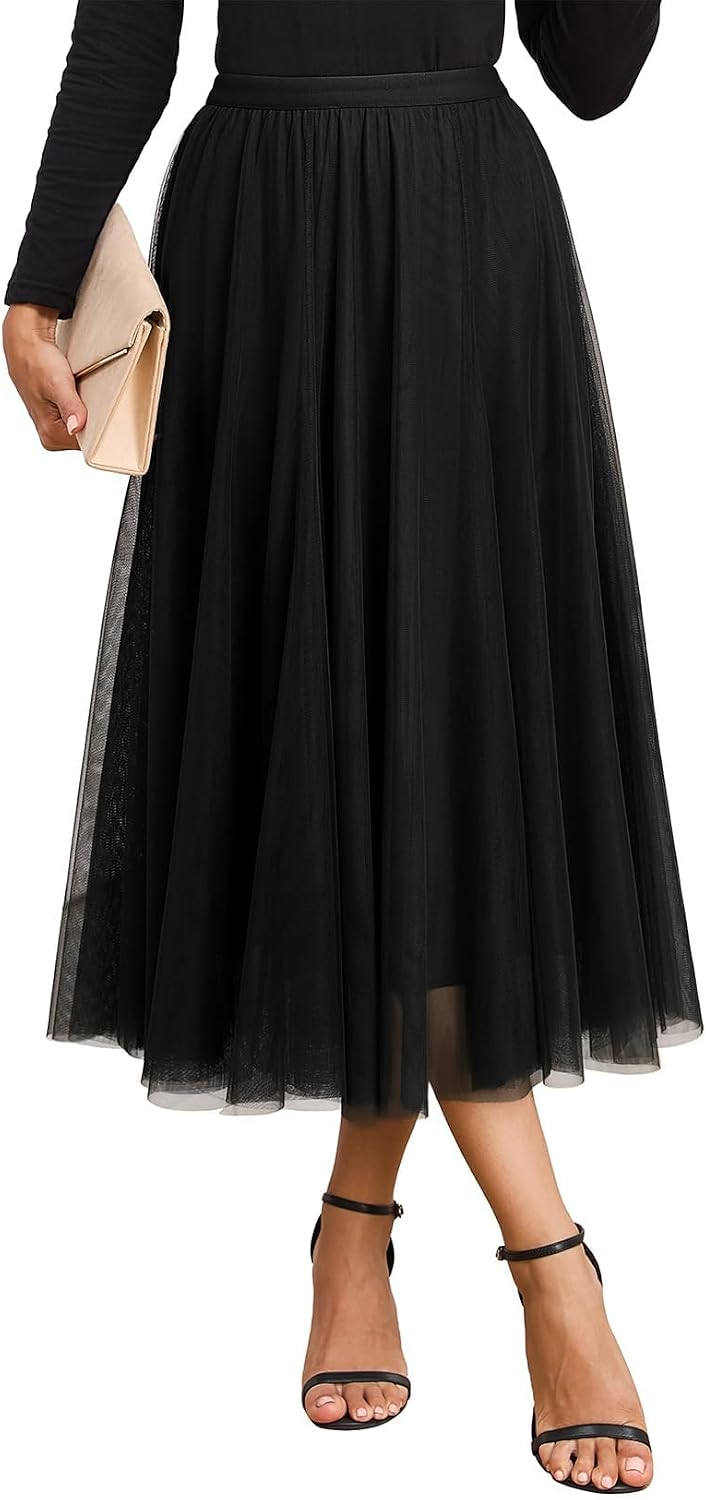 3-Season Women's Tulle Skirt Elastic High Waist A-Line Layered Flowy Long Tutu | Date Night Fall Party Casual Wear
