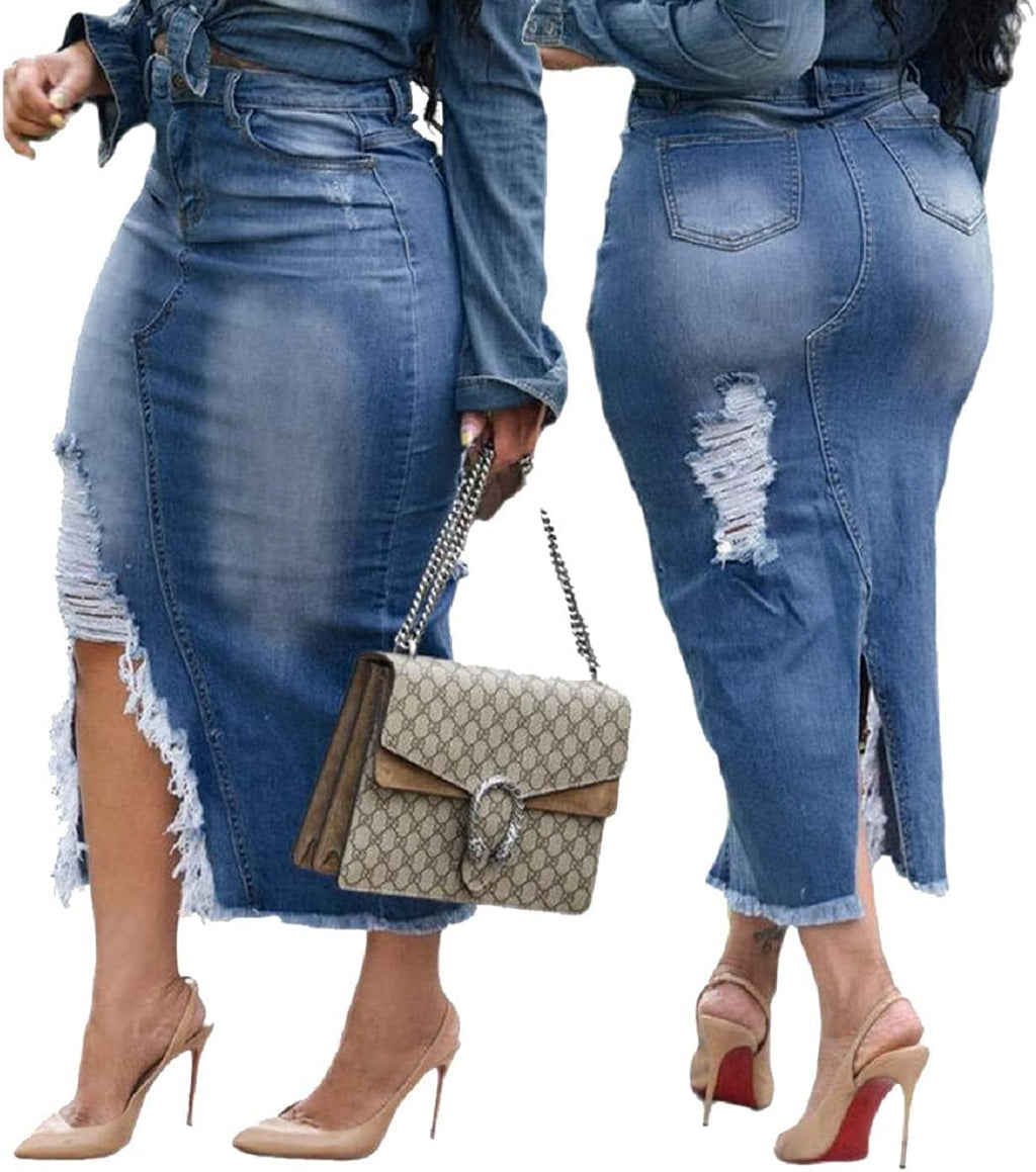 CaniBtr Women's Casual Slit Denim Midi Jean Skirt Stretch with Pockets