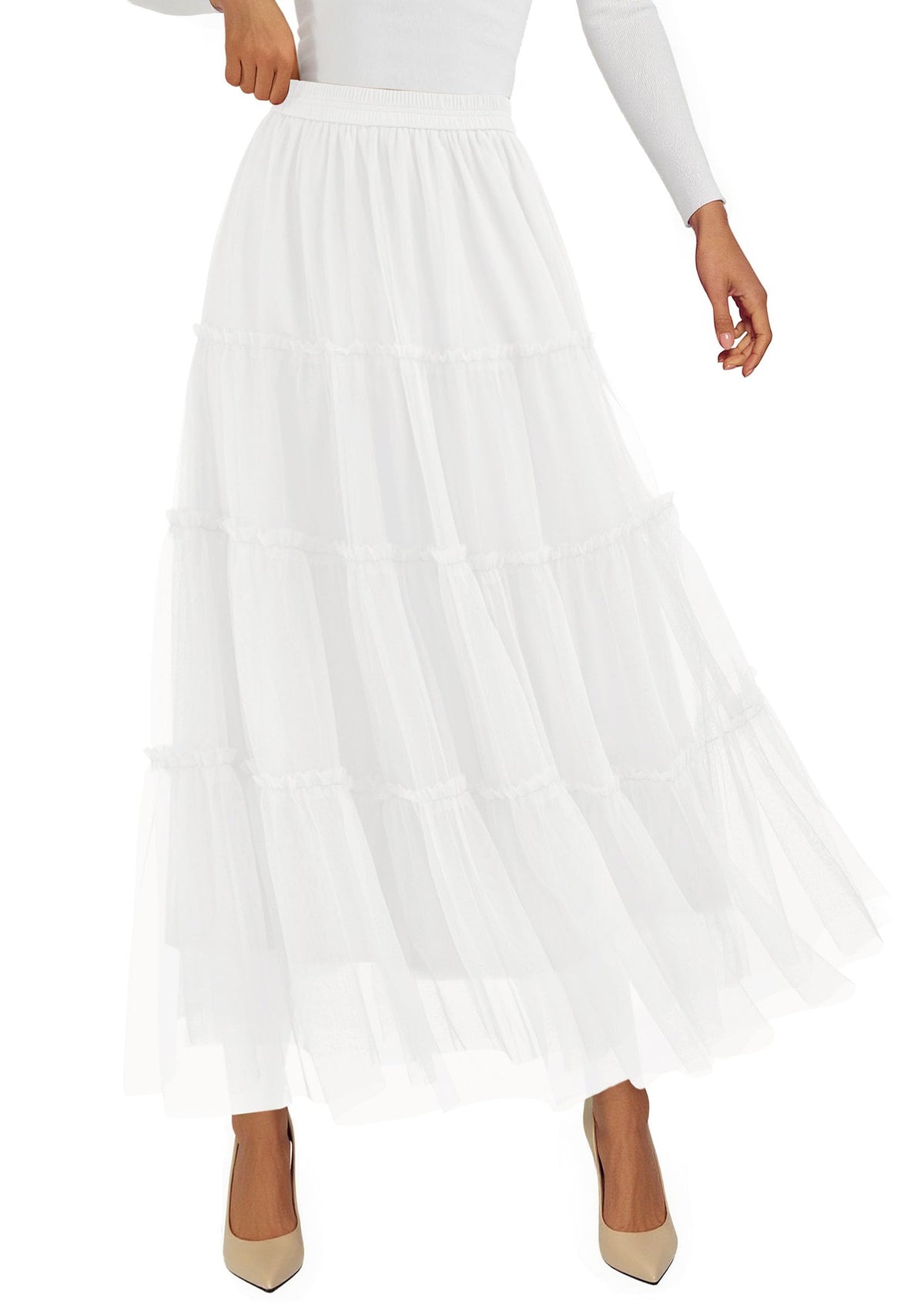 PRETTYGARDEN Women's Fall Soft Tulle Tiered Long Skirt