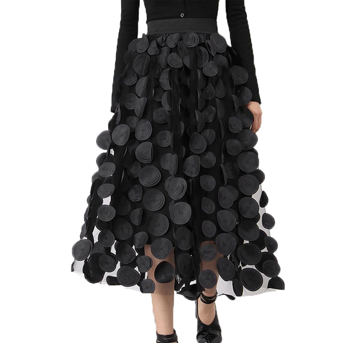 Tulle Skirt Women 3D Polka Dot Elastic Waist Mesh Flowy A-Line Midi Skirts Wedding Halloween Party Outfit